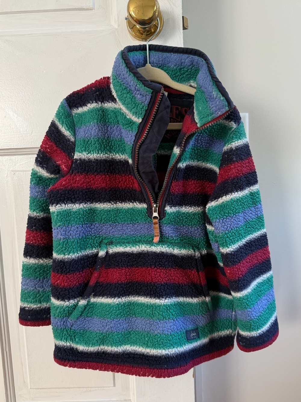 Joules fuzzy striped Sherpa quarter zip sweatshirt red, blue, green size boys 5